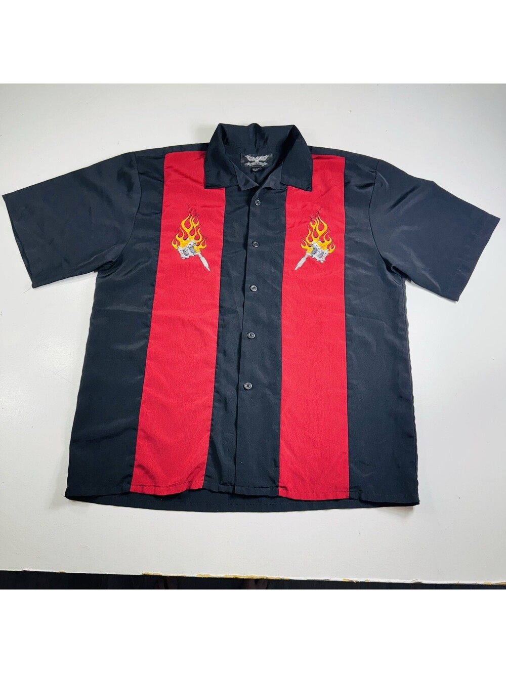 VTG Chrome Eagle Y2K Harley Shirt Flames Button Front Black Red Men’s Size XXL
